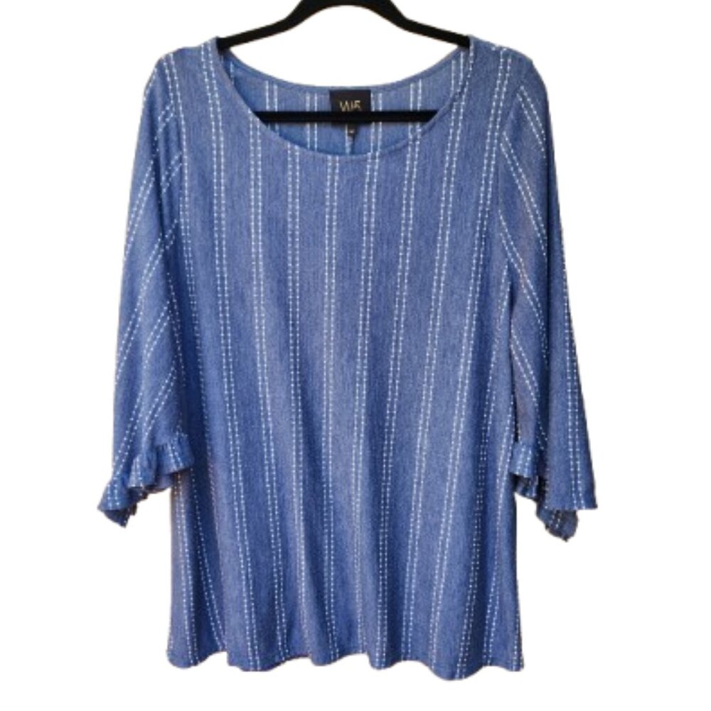 W5 Plus Blue Knit Blouse 3/4 Sleeves Ruffle Trim Textured Stripe Dots